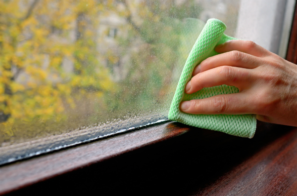 Reinigung von Wasserkondensat am Fenster