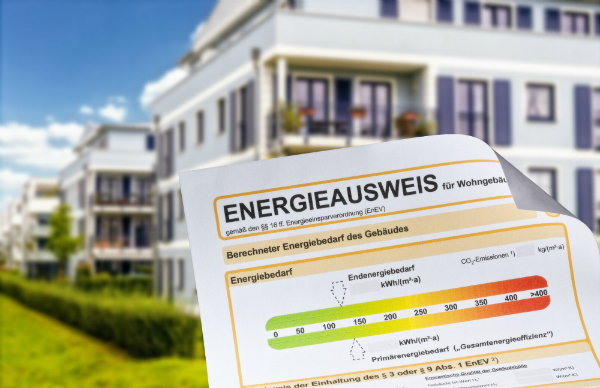 Energieausweis vor einem Mehrfamilienhaus