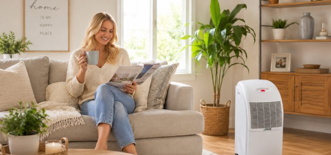 Moderner Luftentfeuchter im Wohnzimmer sorgt für optimale Feuchtigkeitskontrolle